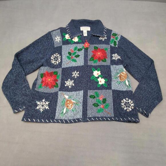 Tiara International Blue Poinsetta Christmas Sweater Vintage Y2K Embroidered - Picture 1 of 9